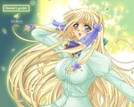  blonde_hair blue_eyes breasts copyright_request dress large_breasts long_hair r1 ribbon solo 