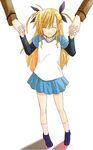  ^_^ ahoge bangs blonde_hair blue_skirt closed_eyes full_body hair_ornament hair_ribbon hands holding_hands kneehighs long_hair long_sleeves lyrical_nanoha mahou_shoujo_lyrical_nanoha_strikers military military_uniform muraya_yoshihisa out_of_frame raglan_sleeves ribbon shoes short_over_long_sleeves short_sleeves skirt solo_focus standing two_side_up uniform vivio white_legwear 