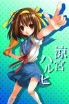  blue_sailor_collar blue_skirt brown_hair kagetsu_suzu kita_high_school_uniform pointing sailor_collar school_uniform serafuku short_hair skirt solo suzumiya_haruhi suzumiya_haruhi_no_yuuutsu 