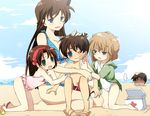  2boys 3girls :d :o age_difference arm_holding bandaid bandaid_on_face bangs barefoot beach bent_over bikini bikini_under_clothes black_hair blue_bikini blue_eyes blush bob_cut breasts brown_hair buried casual_one-piece_swimsuit child cleavage cloud constricted_pupils covered_navel day drawstring edogawa_conan eyewear_removed feet first_aid_kit flat_chest frilled_swimsuit frills front-tie_bikini front-tie_top glasses green_eyes haibara_ai hairband hand_on_another's_head harem hattori_heiji holding holding_eyewear hood hoodie kl kneeling light_brown_hair long_hair looking_at_another looking_at_viewer male_swimwear medium_breasts meitantei_conan mouri_ran multiple_boys multiple_girls navel ocean off_shoulder on_ground one-piece_swimsuit one_eye_closed open_mouth outdoors over-rim_eyewear parted_bangs plaid plaid_bikini red_cross ribbon sand sandals school_swimsuit semi-rimless_eyewear shirtless short_hair sitting sitting_on_lap sitting_on_person sky small_breasts smile speech_bubble spoken_ellipsis swim_trunks swimsuit swimsuit_under_clothes swimwear very_long_hair water white_swimsuit wince yoshida_ayumi 