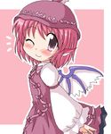  animal_ears blush dress fingernails geetsu hat mystia_lorelei one_eye_closed pink_eyes pink_hair short_hair smile solo touhou wide_sleeves wings 