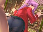  1girl against_fence ass bent_over blush chain-link_fence elf fence game_cg hetero long_hair onigirikun panties panties_under_pantyhose pantyhose pastel_chime pastel_chime_continue pencil_skirt phil_ehart pointy_ears purple_hair red_eyes school_uniform skirt skirt_lift solo_focus striped thighband_pantyhose tree underwear 