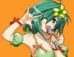  \m/ blush bow breasts cleavage detached_sleeves final_fantasy final_fantasy_iv green_hair macross macross_frontier medium_breasts microphone music older one_eye_closed orange_background parody purple_eyes ranka_lee rydia seikan_hikou short_hair simple_background singing solo yasakani_an 