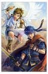  angel angel_wings bad_deviantart_id bad_id blue_hair bracelet bracer brown_hair cape cowboy_shot dual_persona fire_emblem fire_emblem:_souen_no_kiseki full_body holding holding_sword holding_weapon ike jewelry kid_icarus looking_at_viewer lychi magic male_focus multiple_boys pit_(kid_icarus) sandals scarf spiked_hair super_smash_bros. sword toes watermark weapon white_wings wings 