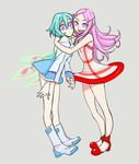  anemone_(eureka_seven) aqua_hair bad_id bad_pixiv_id blush boots dress eureka eureka_seven eureka_seven_(series) highres hug kitayama long_hair multiple_girls pink_hair purple_eyes short_hair white_footwear wings 