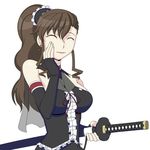  :d ^_^ ^o^ black_gloves blush breasts brown_hair caryo center_frills closed_eyes coyote_ragtime_show elbow_gloves frills gloves hand_on_own_face holding holding_sword holding_weapon july_(coyote_ragtime_show) katana large_breasts lowres nanashino open_mouth sheath sheathed simple_background smile solo sword upper_body weapon white_background 