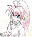  ahoge blue_eyes cup dress_shirt hair_ribbon holding holding_cup looking_at_viewer lyrical_nanoha mahou_shoujo_lyrical_nanoha_strikers pink_hair ponytail ribbon shirt signum sketch smile solo tatsuki_yuuta 