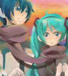  1girl :d aqua_hair blue_eyes blue_hair blush coat evening hatsune_miku kaito long_hair long_sleeves looking_at_viewer open_mouth orange_sky outdoors own_hands_together sato_(sa10cho) scarf shared_scarf sky smile sunset upper_body vocaloid 