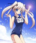  blue_eyes breasts cloud day large_breasts mabinogi name_tag nao_(mabinogi) non-web_source one-piece_swimsuit school_swimsuit sky solo swimsuit twintails white_hair 