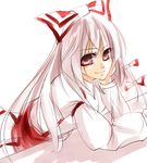  bow chin_rest fujiwara_no_mokou hair_bow hand_on_own_face light_smile looking_at_viewer lowres miya9 red_eyes shirt solo suspenders touhou 