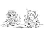  chopsticks closed_eyes eating food fujiwara_no_mokou greyscale izayoi_sakuya monochrome multiple_girls pandemonium touhou 