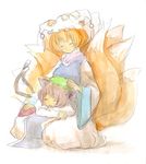  animal_ears blonde_hair brown_hair cat_ears cat_tail chen closed_eyes earrings fox_tail hat jewelry lap_pillow long_sleeves multiple_girls multiple_tails pillow_hat ririvery seiza short_hair single_earring sitting sleeping tail touhou traditional_media watercolor_(medium) white_background wide_sleeves yakumo_ran 
