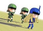  3girls animated animated_gif blonde_hair chibi drill_hair ekkusu_kyuuzu footprints gouf gundam lowres mecha_musume mobile_suit_gundam multiple_girls short_hair thighhighs walking zaku zaku_ii zaku_ii_f/j 