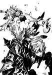  1girl armor armored_dress belderiver dress fcp greyscale gwendolyn monochrome odin_sphere oswald_(odin_sphere) polearm spear strapless strapless_dress sword weapon 