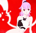  bare_shoulders bottomless copyright_request lowres midriff navel pink_hair ponytail red_eyes solo tanaka_kunihiko 