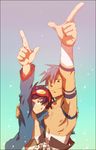  bandages blue_hair bodypaint chest goggles goggles_on_head kamina kamina_pose male_focus mikazuki multiple_boys open_clothes open_shirt pointing pointing_up shirt shirtless simon tengen_toppa_gurren_lagann 