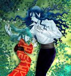  1girl blue_hair count_of_monte_cristo from_below gankutsuou green_hair haydee japanese_clothes kimono long_hair long_sleeves lying obi on_back on_side pale_skin ponytail profile sash sleeping wide_sleeves yamada_emu 