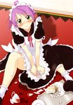  apron black_dress blush cake cherry cream cup dress food frilled_legwear fruit green_eyes hatoba maid maid_apron maid_headdress messy on_floor original paper_plate plate puffy_short_sleeves puffy_sleeves purple_hair red_carpet short_sleeves sitting socks solo spill spoon stain stained_clothes teacup tearing_up tile_floor tiles tray 