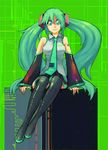  bad_id bad_pixiv_id blue_eyes blue_hair detached_sleeves green_nails hatsune_miku kitayama long_hair nail_polish necktie sitting smile solo thighhighs twintails vocaloid 