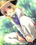  bangs blonde_hair blush d: dutch_angle grass hat legs loafers long_hair looking_at_viewer miniskirt moriya_suwako open_mouth outdoors shoes skindentation skirt skirt_set solo squatting straight_hair thighhighs thighs touhou tree white_legwear yellow_eyes yuu_(kfc) zettai_ryouiki 