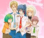  3boys ^_^ ^o^ bad_id bad_pixiv_id belt blonde_hair blue_neckwear buckle closed_eyes collared_shirt cowboy_shot green_hair green_neckwear hat long_sleeves looking_at_viewer luca_angeloni macross macross_frontier me_alto mikhail_buran miso_soup_(artist) multiple_boys multiple_girls necktie ranka_lee red_neckwear saoto.d sheryl_nome shirt short_hair sun_hat sweater white_shirt 