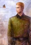  axis_powers_hetalia barbed_wire belt blonde_hair blue_eyes bug butterfly germany_(hetalia) insect iron_cross lotus_(elico) male_focus military military_uniform solo standing uniform 