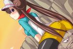  ass blue_eyes blush breasts brown_hair clothed_masturbation crossed_arms dry_humping gen_1_pokemon geodude humping long_hair masturbation medium_breasts mei_(pokemon) nishi_koutarou pantyhose pokemon pokemon_(creature) pokemon_(game) pokemon_bw2 sitting solo_focus sweat twintails visor_cap 