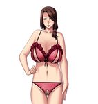  1girl artist_request bra breasts brown_hair censored character_request cleavage large_breasts lingerie long_hair looking_at_viewer milf navel nippleless_clothes nipples panties red_bra red_panties solo source_request underwear yellow_eyes 