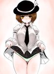  blush bow brown_eyes brown_hair han_(jackpot) hat hat_bow hat_ribbon necktie panties ribbon short_hair skirt skirt_lift smile solo touhou underwear usami_renko white_bow 