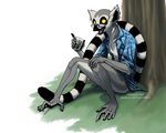  bottomless clothed clothing drink eyewear glass glasses half-dressed kia lemur male mammal naturally_censored open_mouth primate riftryu ringtail ringtailed_lemur solo tree wood yellow_eyes 