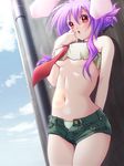  alternate_hairstyle animal_ears bare_shoulders blush breasts bunny_ears cloud colorized day denim denim_shorts haruyonoto lens_flare medium_breasts nakajou navel necktie panties purple_hair red_neckwear reisen_udongein_inaba revision shorts sky solo touhou underboob underwear unzipped wall 