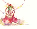  arm_ribbon book bow closed_eyes dress front_ponytail green_hair hair_bow hair_ornament hair_ribbon hands_together highres kagiyama_hina own_hands_together red_dress ribbon shiratsuyu sitting smile solo star touhou traditional_media watercolor_(medium) 