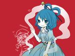  blue_eyes blue_hair chinese_clothes collarbone flower hair_ornament hair_rings hair_stick hat heart kaku_seiga kanitama_(putyourhead) miyako_yoshika ofuda open_mouth outstretched_arms puffy_sleeves red_background shawl short_sleeves smile star ten_desires touhou zombie_pose 