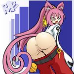  animal_ears anus ass bell belt bent_over blazblue candy cat_ears cat_tail evilkingtrefle fang food from_behind glasses hair_ribbon kokonoe lollipop long_hair looking_back multiple_tails no_panties orange_eyes pants_pull pink_hair ponytail pussy ribbon solo tail undressing 