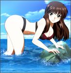  ass banpresto black_eyes breasts brown_hair cleavage cloud highres large_breasts long_hair looking_at_viewer setsuko_ohara sky smile solo super_robot_wars sweat swimsuit water yadokari_genpachirou 