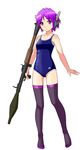  bare_shoulders black_legwear full_body harisenbon_(power-slide) one-piece_swimsuit purple_eyes purple_hair robot_ears rocket_launcher rpg rpg-7 school_swimsuit short_hair simple_background solo swimsuit thighhighs utane_uta utau weapon white_background 