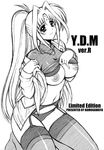  alternate_legwear blush breasts cover cover_page doujin_cover facial_mark forehead_mark garter_belt greyscale jewelry kamogawa_tanuki kneeling large_breasts lindy_harlaown long_hair lyrical_nanoha mahou_shoujo_lyrical_nanoha mature monochrome necklace nipples panties ponytail sample shirt_lift solo thighhighs underwear 