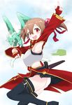  :d arm_up armor armpits black_legwear blush brown_hair fingerless_gloves gloves hair_bobbles hair_ornament highres looking_at_viewer open_mouth panties pina_(sao) red_eyes red_gloves short_hair short_twintails silica smile solo sword_art_online thighhighs twintails underwear white_panties yokoshima_(euphoria) 