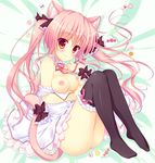  ameto_yuki animal_ear_fluff animal_ears bare_shoulders black_legwear blush breasts cat_ears cat_tail detached_collar macaron_(ameto_yuki) medium_breasts nipples no_panties original pink_hair red_eyes ribbon smile solo tail tail_ribbon thighhighs wrist_cuffs 