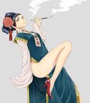  bad_id bad_pixiv_id black_hair blue_eyes chinese_clothes chito04 dalachi_(headdress) flower grey_background hair_flower hair_ornament high_heels highres holding holding_pipe kiseru leg_up looking_at_viewer original pipe shoes short_hair simple_background smoke solo tassel 