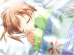  1girl bedding blanket brown_hair canvas cocktail_soft eyes_closed f&amp;c game_cg gayarou indoors pajamas pillow sleeping solo tachibana_amane 