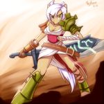  anthro anthrofied armor bandage breasts cleavage clothed clothing crossover equine female friendship_is_magic glove green_eyes hair league_of_legends looking_at_viewer mammal my_little_pony parody riven skirt skykain solo sword weapon white_hair 