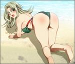  1girl all_fours ass back banpresto bare_shoulders barefoot beach bikini blush breasts feet from_behind green_hair highres lamia_loveless large_breasts legs long_hair looking_at_viewer looking_back ocean open_mouth sand soles solo super_robot_wars sweat swimsuit thighs toes water wedgie yadokari_genpachirou 