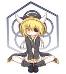  blonde_hair bloomers bontenmaru_(oda_nobuna_no_yabou) coat cross eyepatch hat horns oda_nobuna_no_yabou senkyoku_niban short_hair smirk solo underwear yellow_eyes 