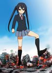  black_hair black_legwear blush brown_eyes city cloud day destruction explosion giantess highres k-on! long_hair nakano_azusa necktie sakuragaoka_high_school_uniform school_uniform skirt sky socks solo stomping torajimaneko twintails 