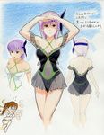  ayane_(doa) bare_back bare_shoulders bow breasts chibi chibi_inset cleavage concept_art dead_or_alive dead_or_alive_xtreme hair_bow headband kasumi_(doa) medium_breasts multiple_girls navel purple_hair red_eyes see-through short_hair siblings sisters swimsuit 