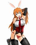  aegis_(nerocc) animal_ears bare_shoulders black_gloves black_legwear blue_eyes blush bunny_ears charlotte_e_yeager contrapposto crotch_zipper elbow_gloves garter_straps gloves gun handgun highres long_hair looking_at_viewer m1911 necktie open_mouth orange_hair panties red_panties solo standing strike_witches thighhighs underwear weapon world_witches_series zipper 