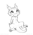  2018 adam_wan anthro black_and_white blush claws cub female horn kobold looking_at_viewer monochrome nude pussy scalie simple_background sitting sketch smile toe_claws url white_background young 