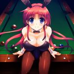  animal_ears bad_id bad_pixiv_id bare_shoulders billiards blue_eyes blush breasts bunny_ears bunnysuit cleavage cue_ball detached_collar fake_animal_ears fishnet_pantyhose fishnets higa large_breasts long_hair looking_at_viewer original pantyhose pool_table red_hair sitting smile solo wrist_cuffs 