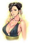  alternate_costume bare_shoulders braid braided_bun breasts brown_eyes brown_hair chun-li cleavage collarbone covered_nipples double_bun earrings homare_(fool's_art) jewelry large_breasts lips looking_at_viewer parted_lips solo street_fighter upper_body 